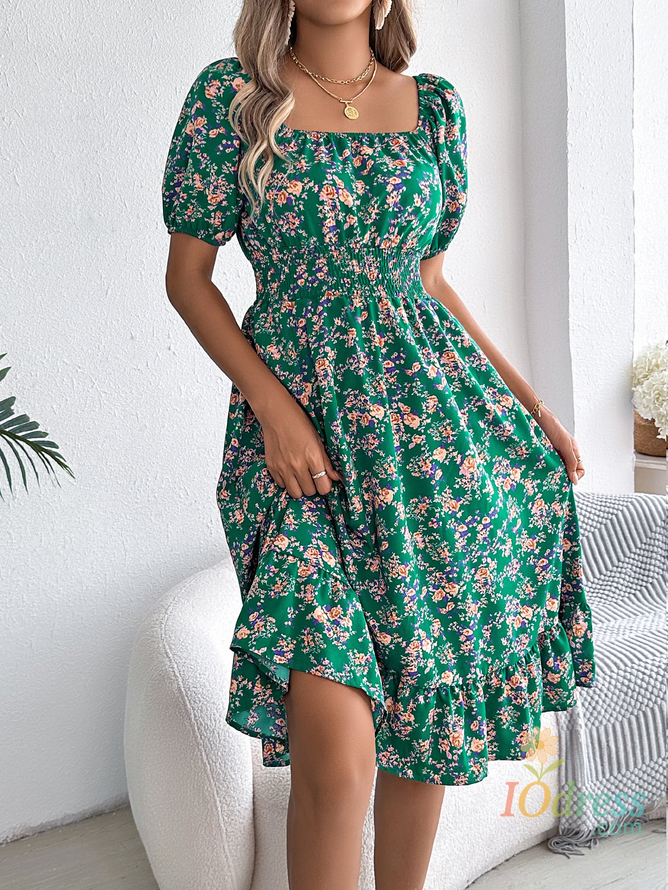 IO Dress Spring and Summer Elegant Dress Floral Print Short Sleeved Square Neck Women's Ruffled Edge Dresses