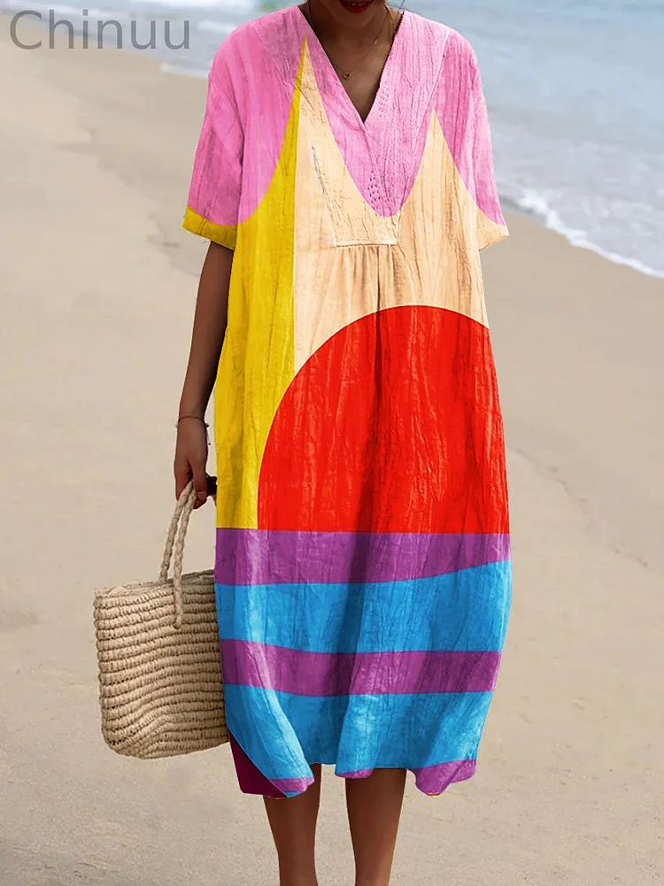 Women's Colorful Geometric Stripes Abstract Art Print Flowy Dress