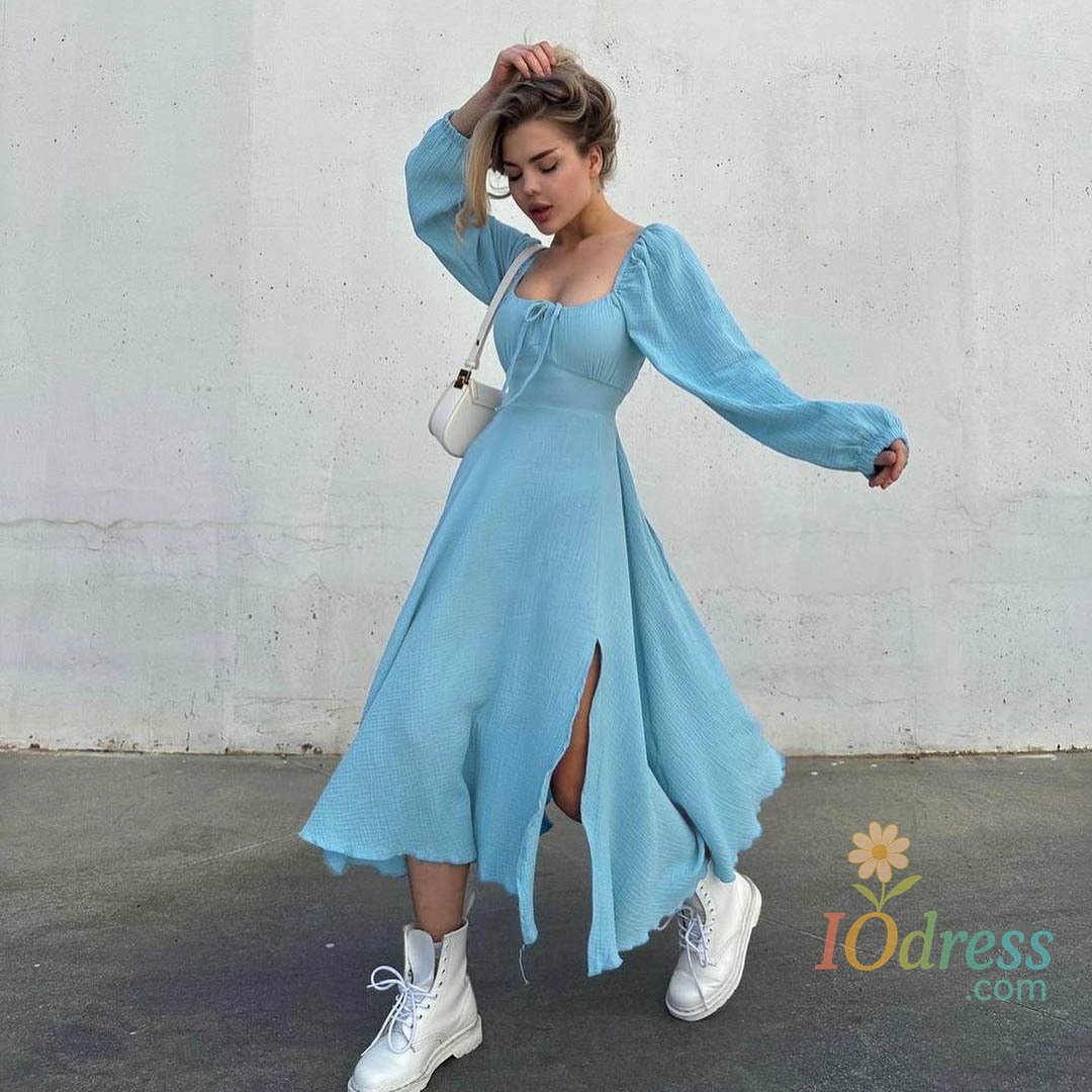 IO Dress Lace-up Square Collar Sexy Dress Women Autumn Lantern Sleeve Solid Cotton Slit Robe Femme Fashion Streetwear Ladies Midi Dresses
