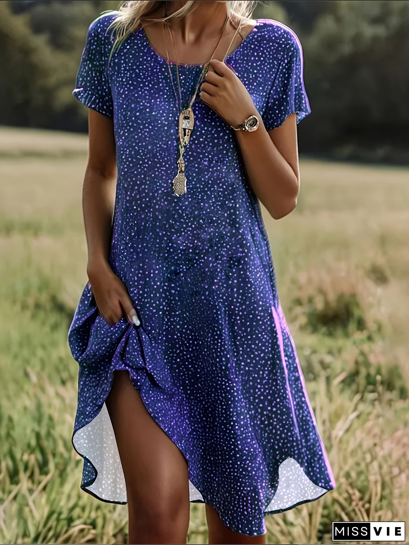 [Polyester Summer Tunic Dress] Polyester Knit Fabric Women's Summer Tunic Dress - Crew Neck, Polka Dot Print, Mid-Length, 170g/M&sup2; - Ethnic Artistic Design