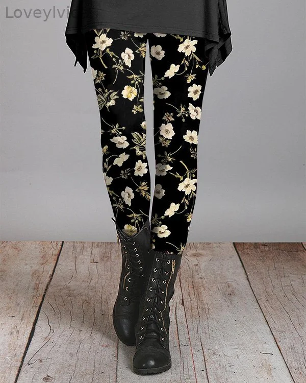 Retro Floral Print Casual Leggings