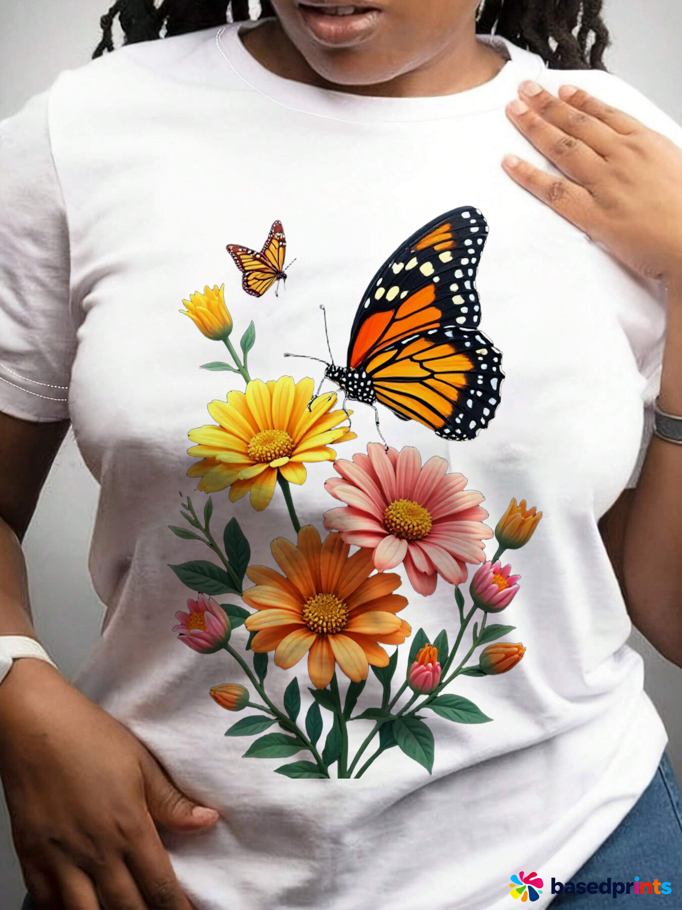 Monarch Butterfly Flowers T-Shirt - Cotton, Casual, Women's - White