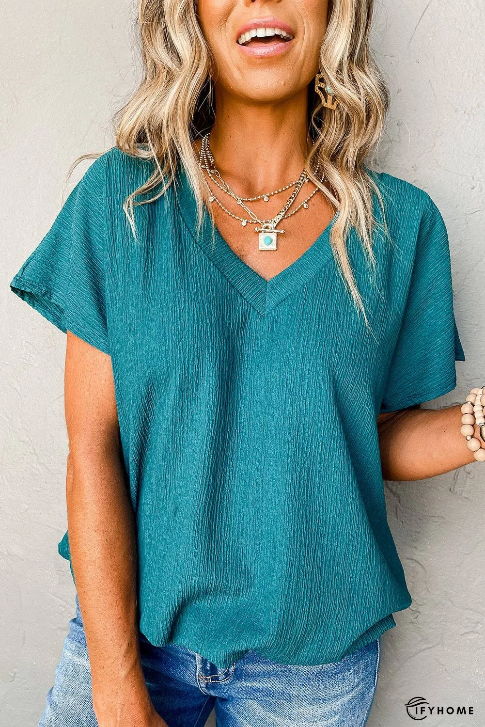 Bright Pink Basic Plain Textured V Neck Blouse | IFYHOME