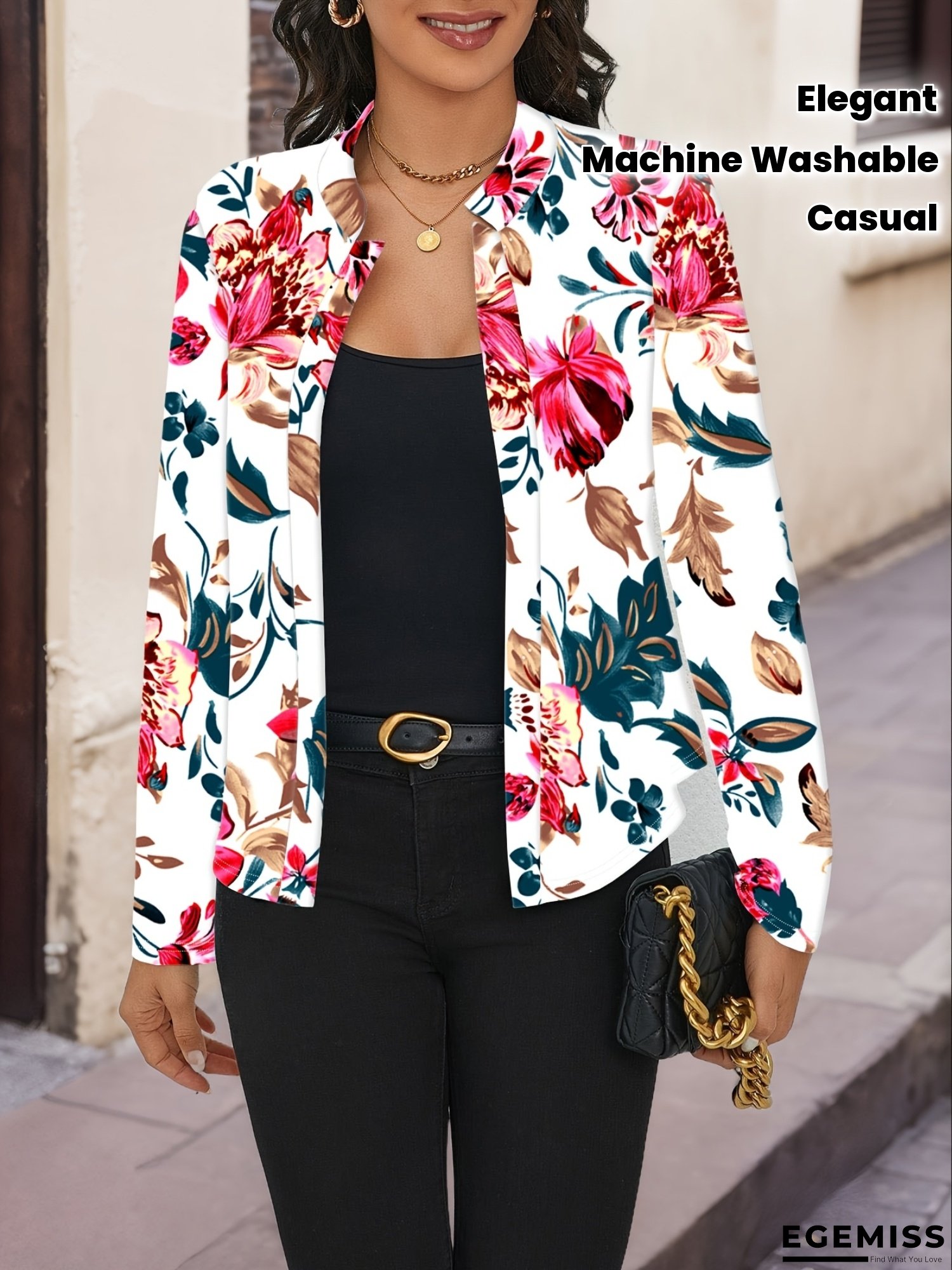 Women's Floral Print Blazer - Elegant Office Jacket with Floral Pattern (Pink/Red/Teal/), No-Buckle Door Construction, Machine Washable Professional Coat for Business Casual, Everyday & Formal Events - Spring/Fall Women's Outerwear, Fall Wardrobe | EGEMISS