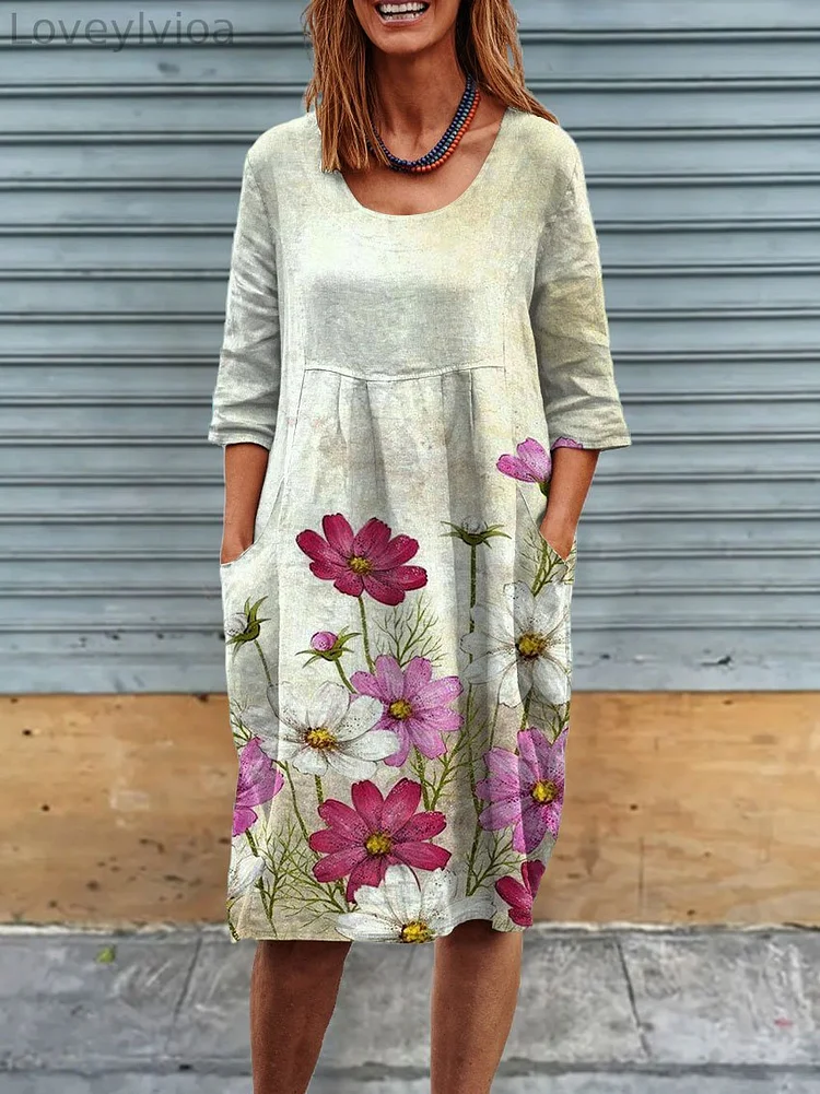 Womens Flower Art Print Linen Pocket Tunic Dress
