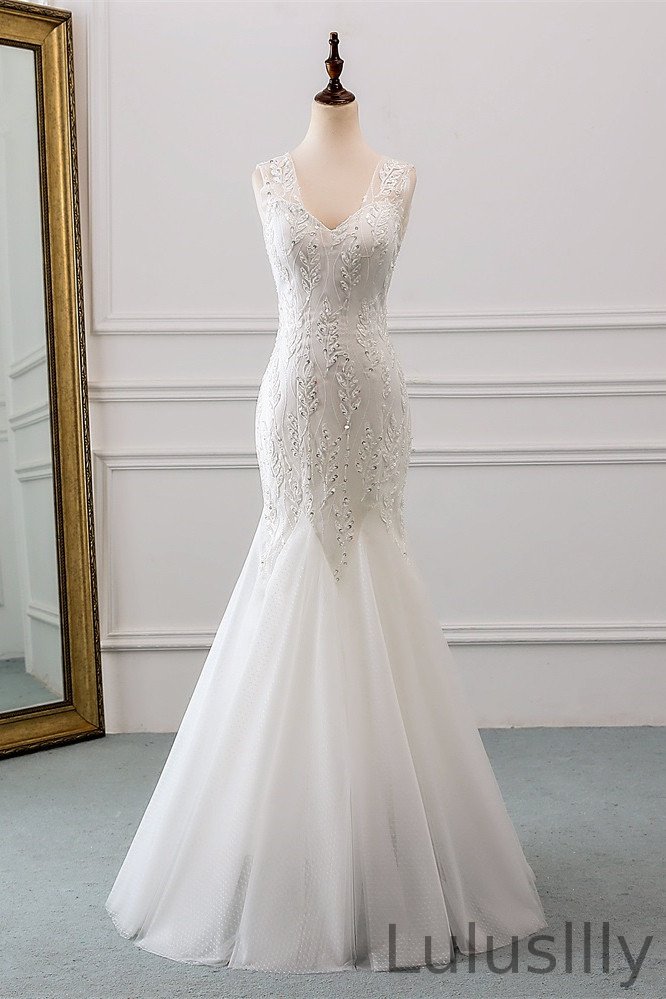Amazing V-Neck Long Mermaid Wedding Dress With Beadings - lulusllly