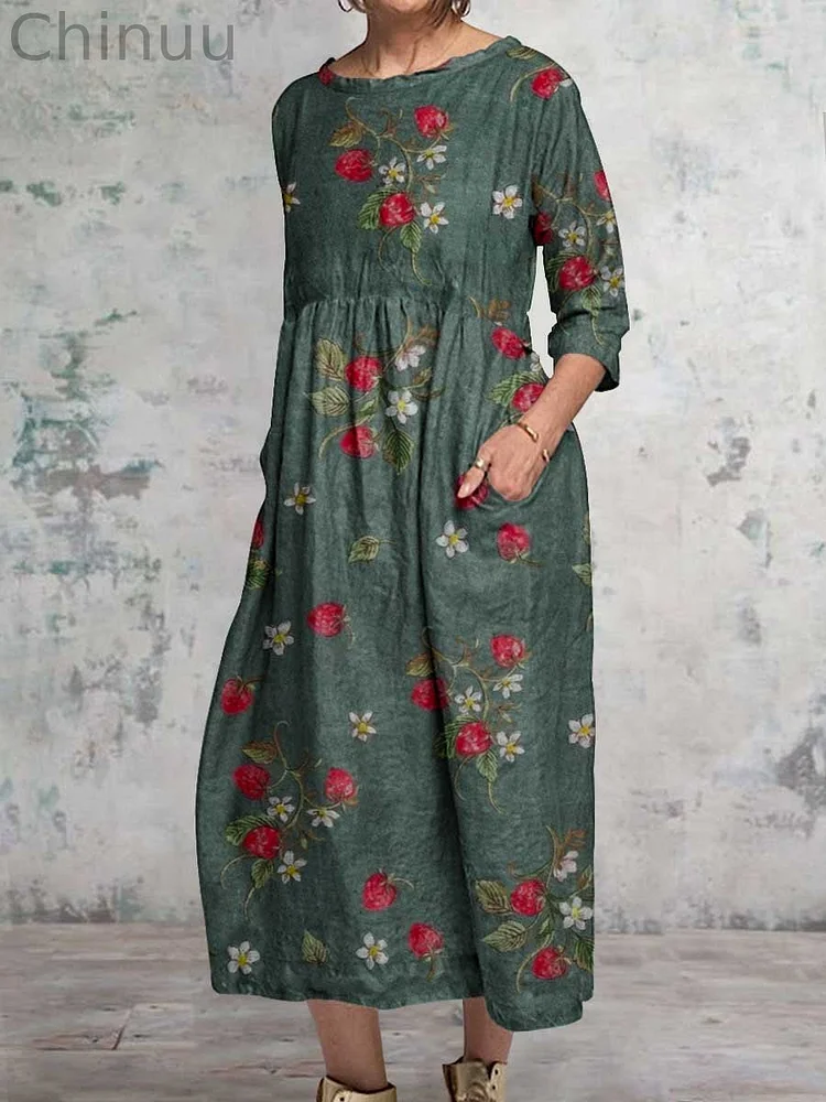 Women's Vintage Floral Art Pattern Round Neck Cotton and Linen Dress with Pockets