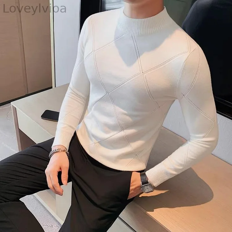 M's Mock Neck Grid Rhombic Sweater