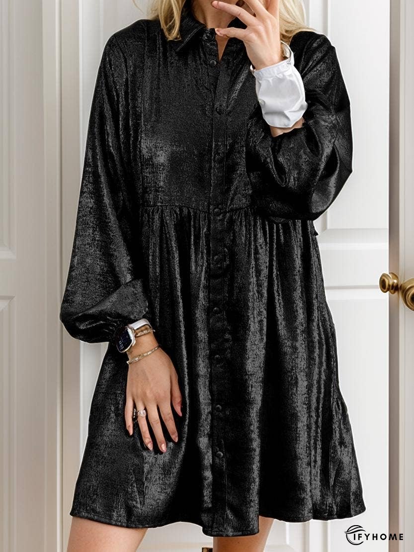 Metallic Sheen Puff Sleeve Mini Shirt Dress | IFYHOME