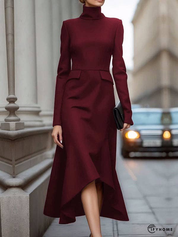 Long Sleeves Skinny Solid Color High Neck Midi Dresses | IFYHOME