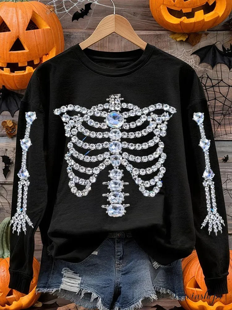 Women's Halloween Rhinestone Skull Print Long Sleeve Crew Neck Sweatshirt-1