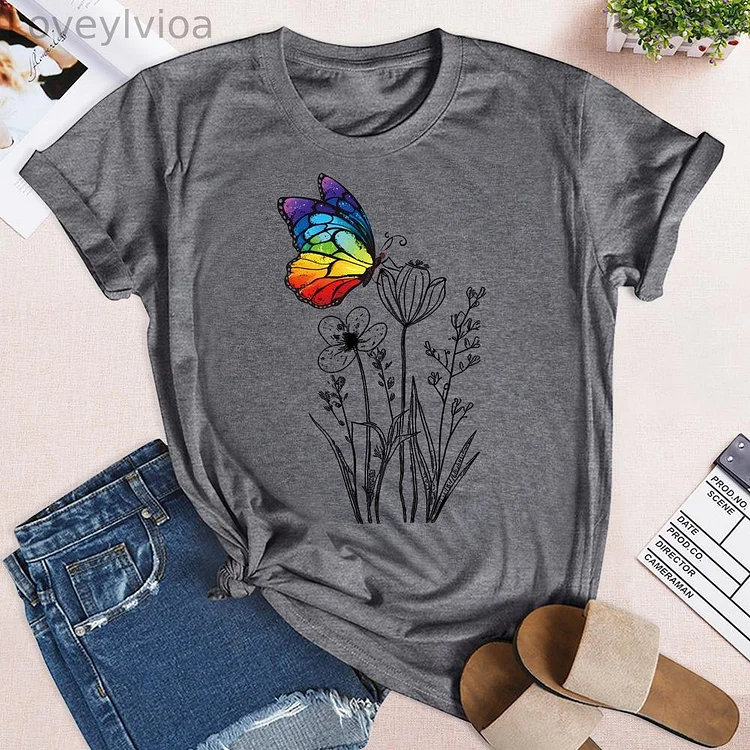 Rainbow Butterfly Grass Round Neck T-shirt-0018935