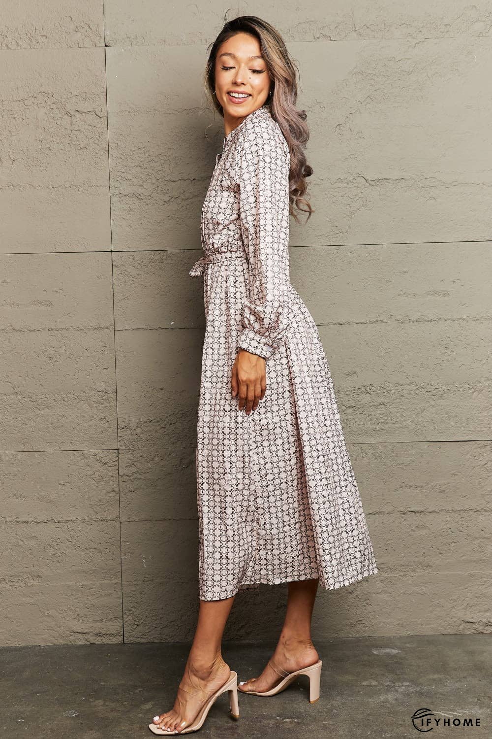 Printed Tie Waist Long Sleeve Dress | IFYHOME