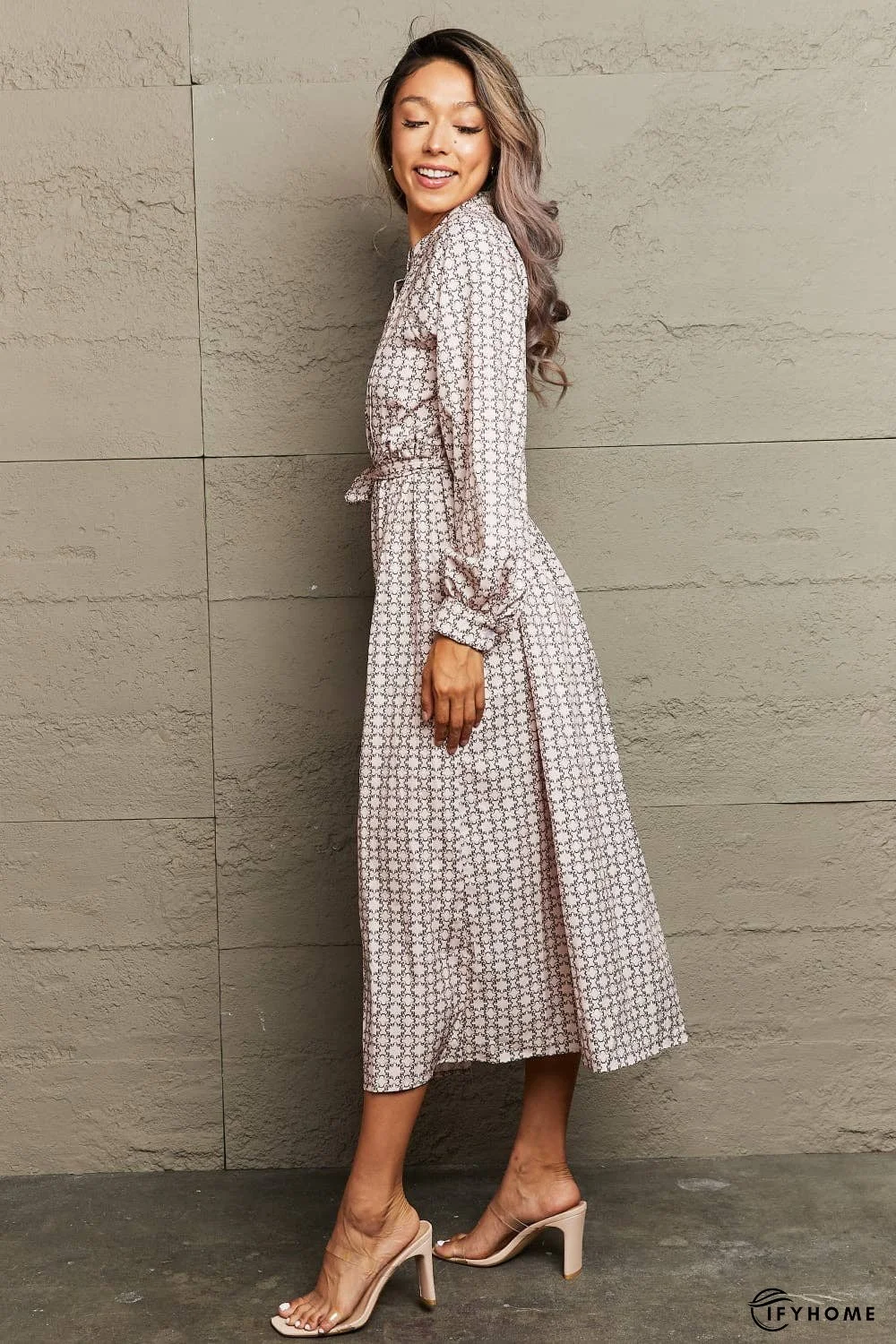 Printed Tie Waist Long Sleeve Dress | IFYHOME