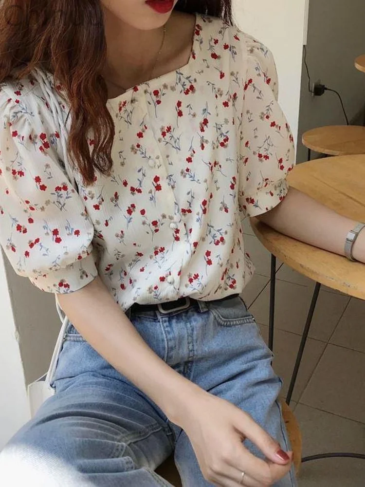 Square Collar Floral Chiffon Shirt