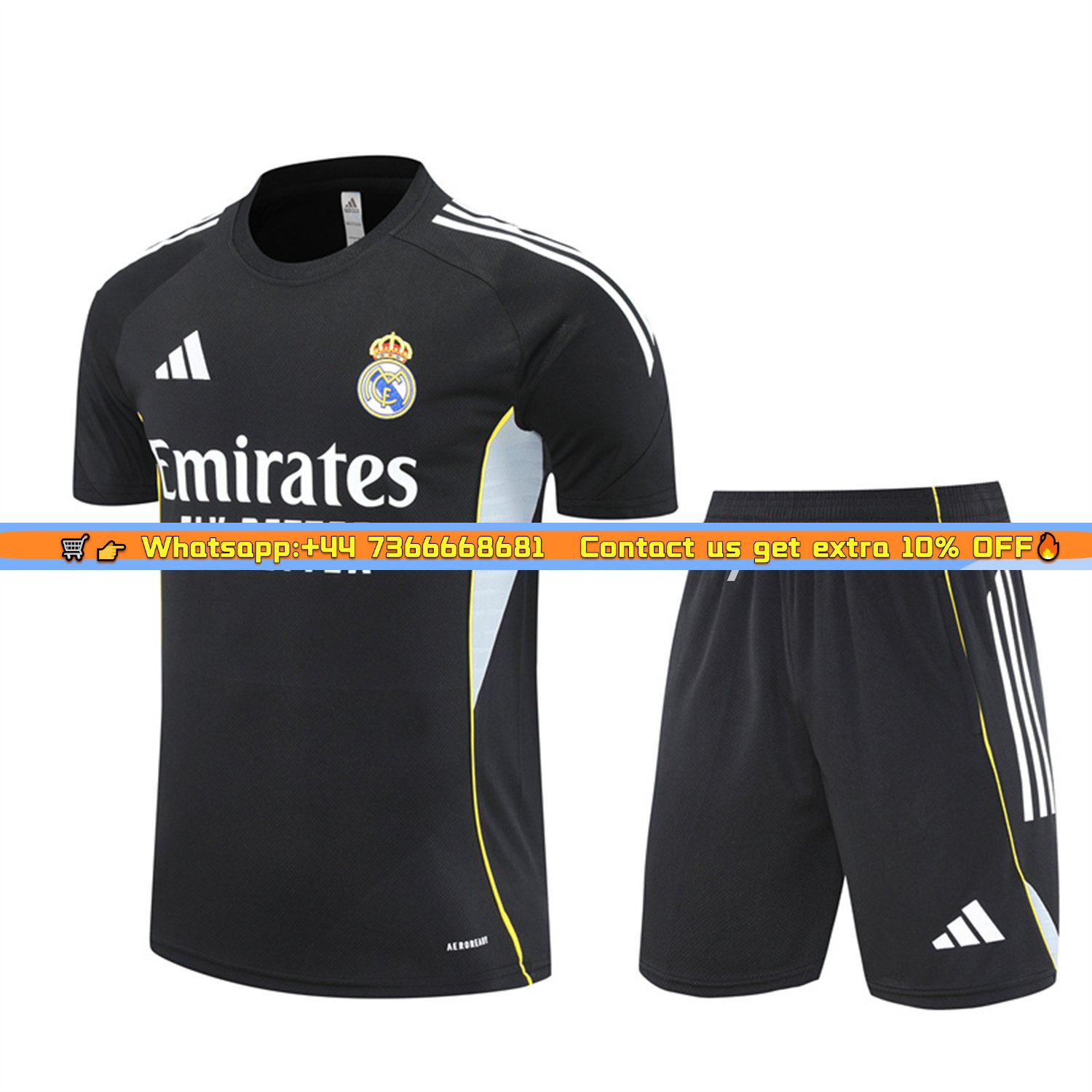 Real Madrid 25-26 Short-Sleeve Training Set - Yellow Line Black Top and Black Shorts