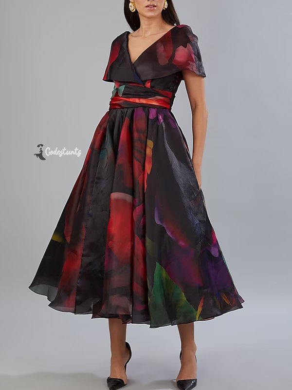 Black Organza Printed Midi Dress