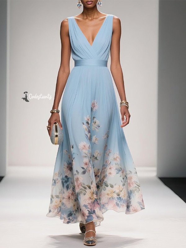V-neck Sleeveless Printed Maxi Dress