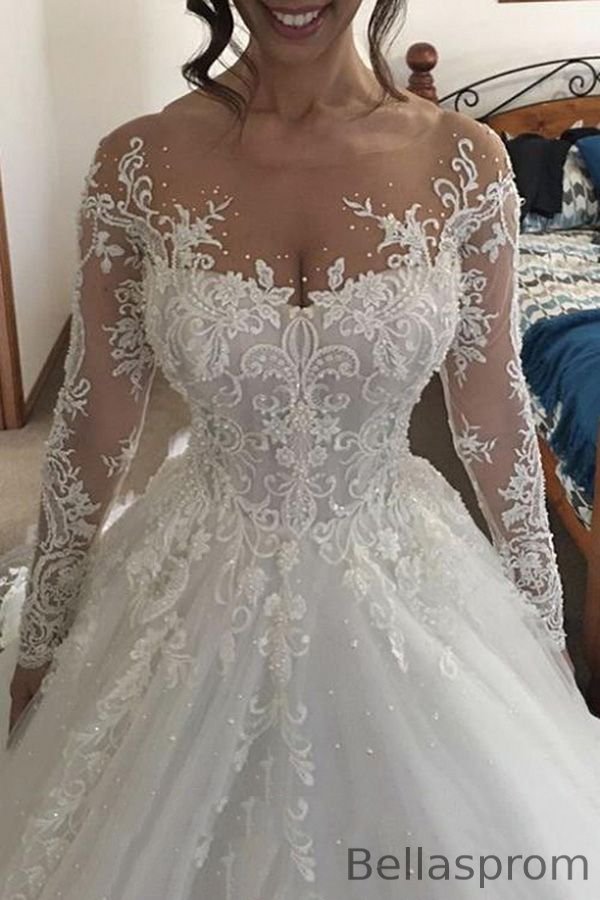 Bellasprom Brilliant White Wedding Dress With Appliques Long Sleeves Bellasprom