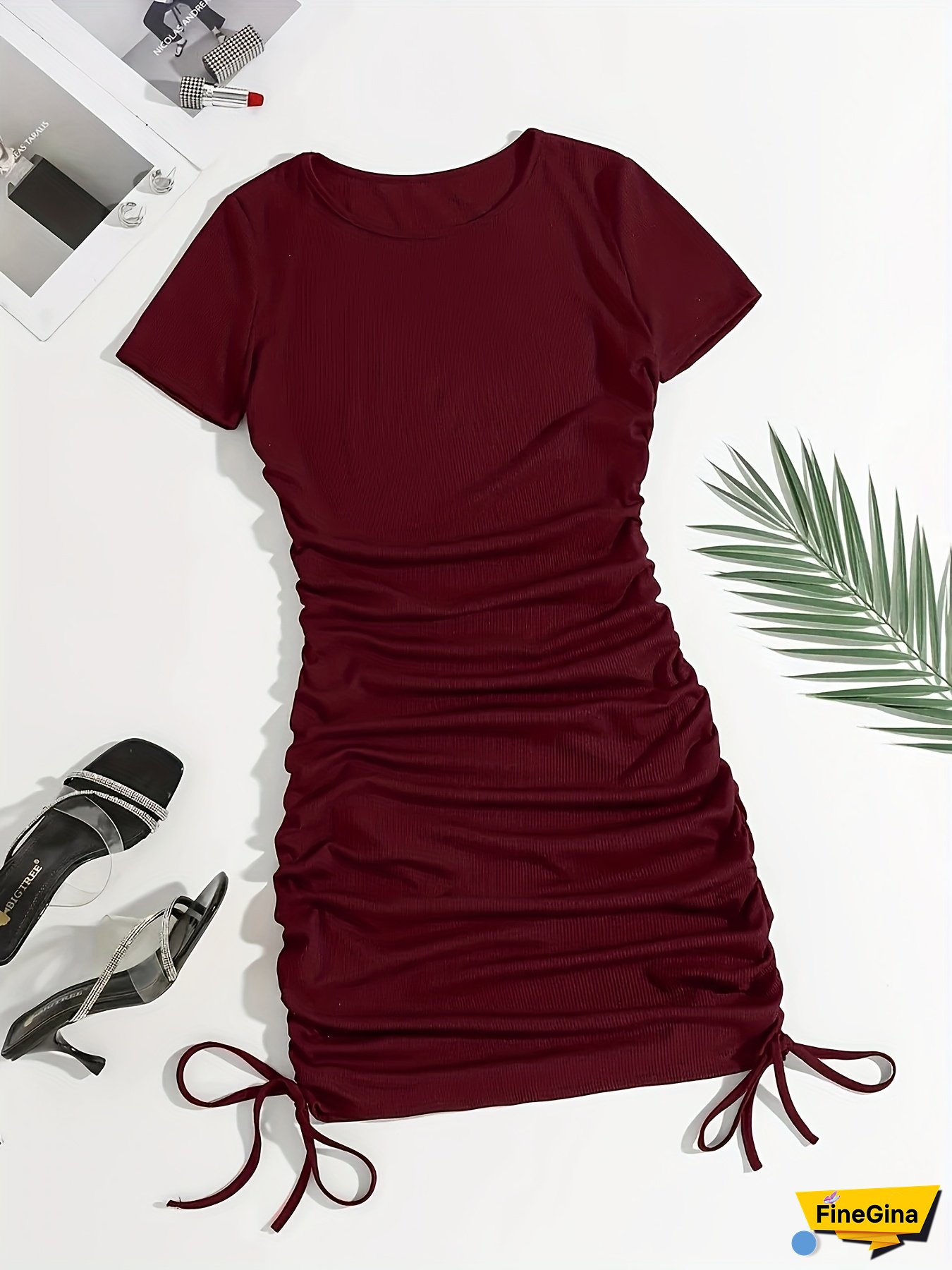 [Elegant Women's Dress] Elegant Black Crew Neck Short Sleeve Dress | Women's Fitted Spring/Fall Fashion | Plus Size, Drawstring Detail, Stylish Sleeveless Dress