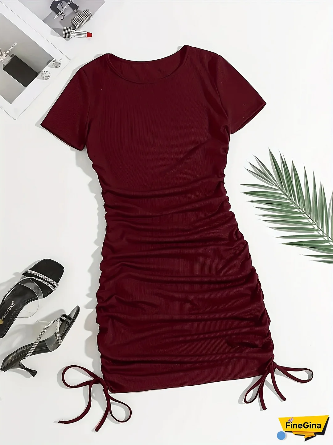 [Elegant Women's Dress] Elegant Black Crew Neck Short Sleeve Dress | Women's Fitted Spring/Fall Fashion | Plus Size, Drawstring Detail, Stylish Sleeveless Dress