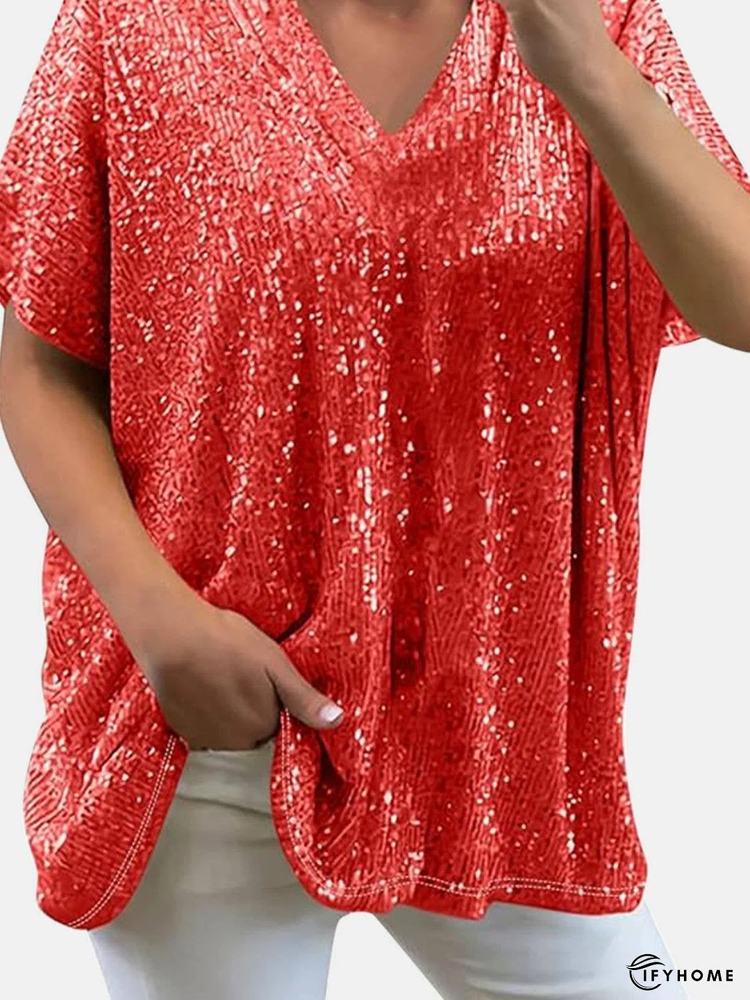 Full Size Sequin V-Neck Short Sleeve Top | IFYHOME