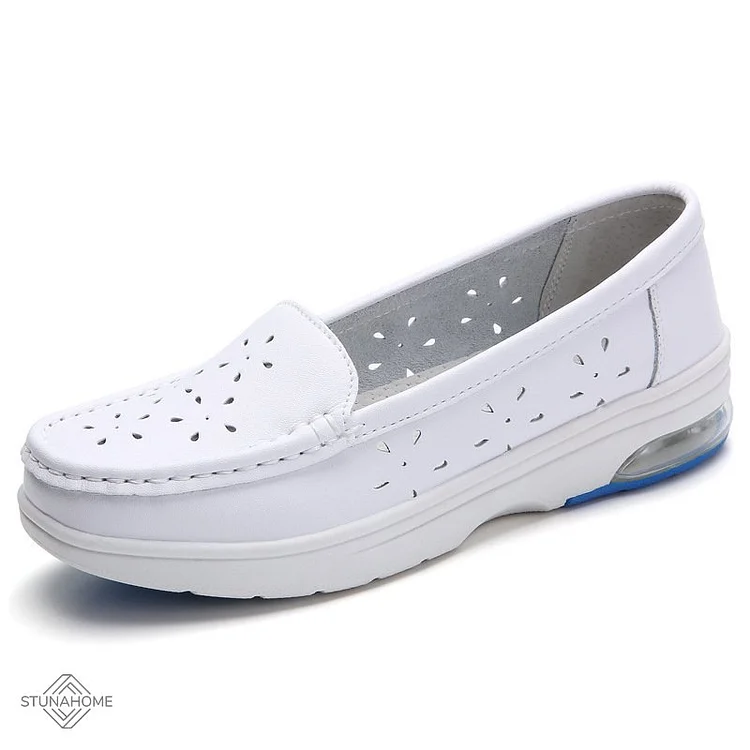 Platform Loafers Non Slip Nursing Shoes Comfortable Slip On Flat Loafers For Restaurant Work Hollow Cowhide White Round Toe Loafers  Stunahome.com
