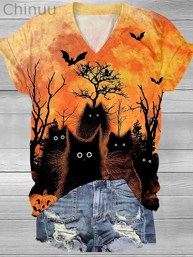V-neck Halloween Black Cat Bat Gradient Print Shirt