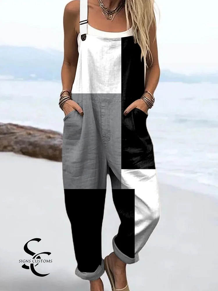 Women's Abstract Geometric Pattern Art Print Casual 100% Cotton Wide Leg Jumpsuit