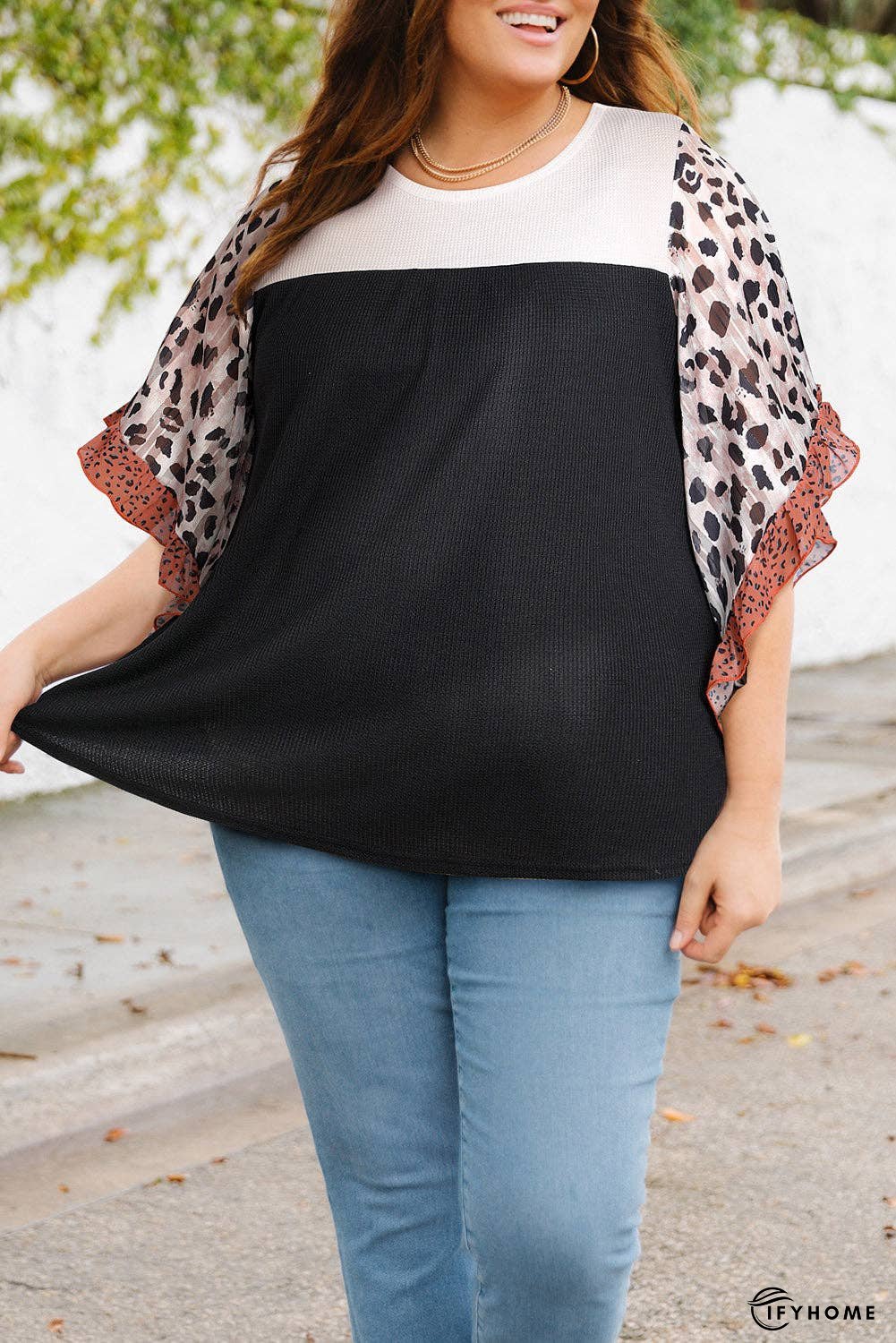 Plus Size Printed Color Block Ruffled Blouse | IFYHOME