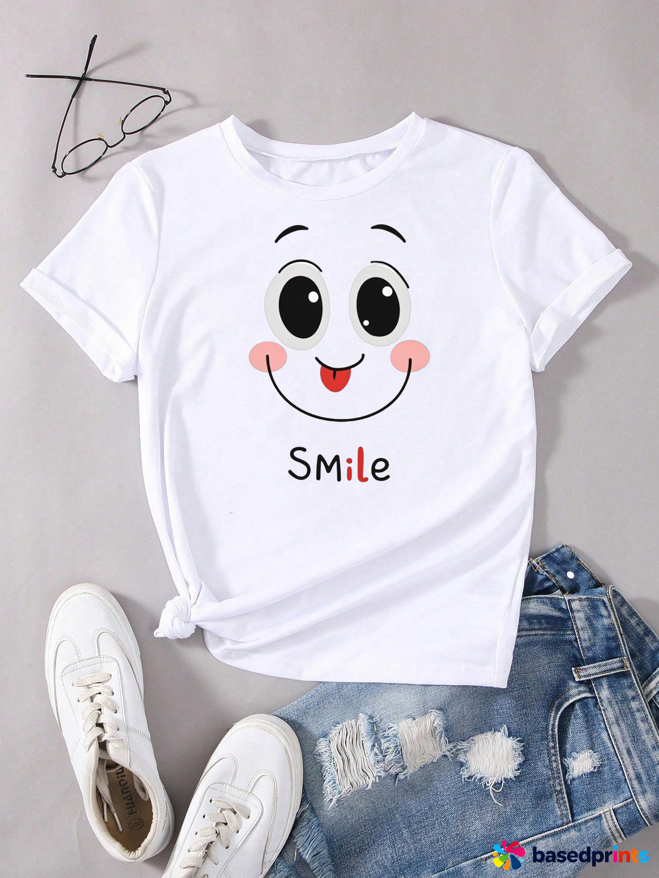 White Smiley Face T-Shirt Women Casual Short Sleeve Tops
