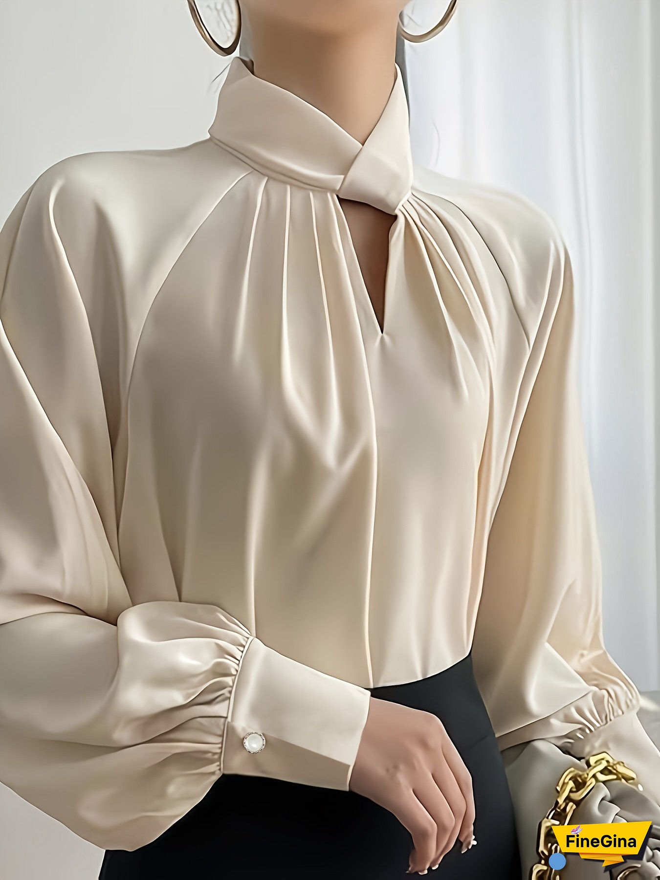 Elegant Polyester Blouse for Women | Long Sleeve, Round Neck with Ruched Detail | Solid Color, Shirting Style Top | Versatile for Spring/Summer | Adult Fashion, Casual Wear | Stylish Collar | Smooth Texture