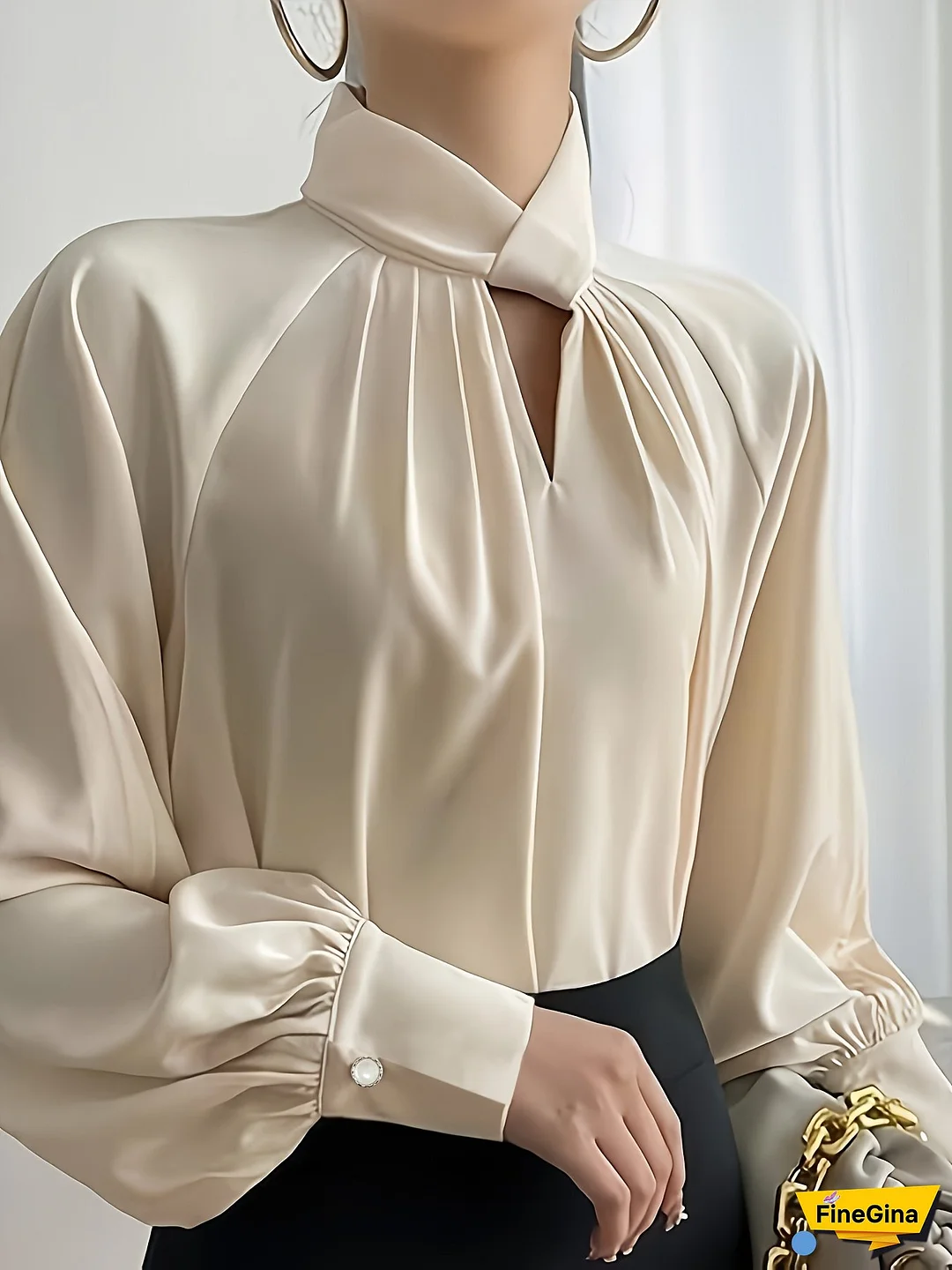 Elegant Polyester Blouse for Women | Long Sleeve, Round Neck with Ruched Detail | Solid Color, Shirting Style Top | Versatile for Spring/Summer | Adult Fashion, Casual Wear | Stylish Collar | Smooth Texture