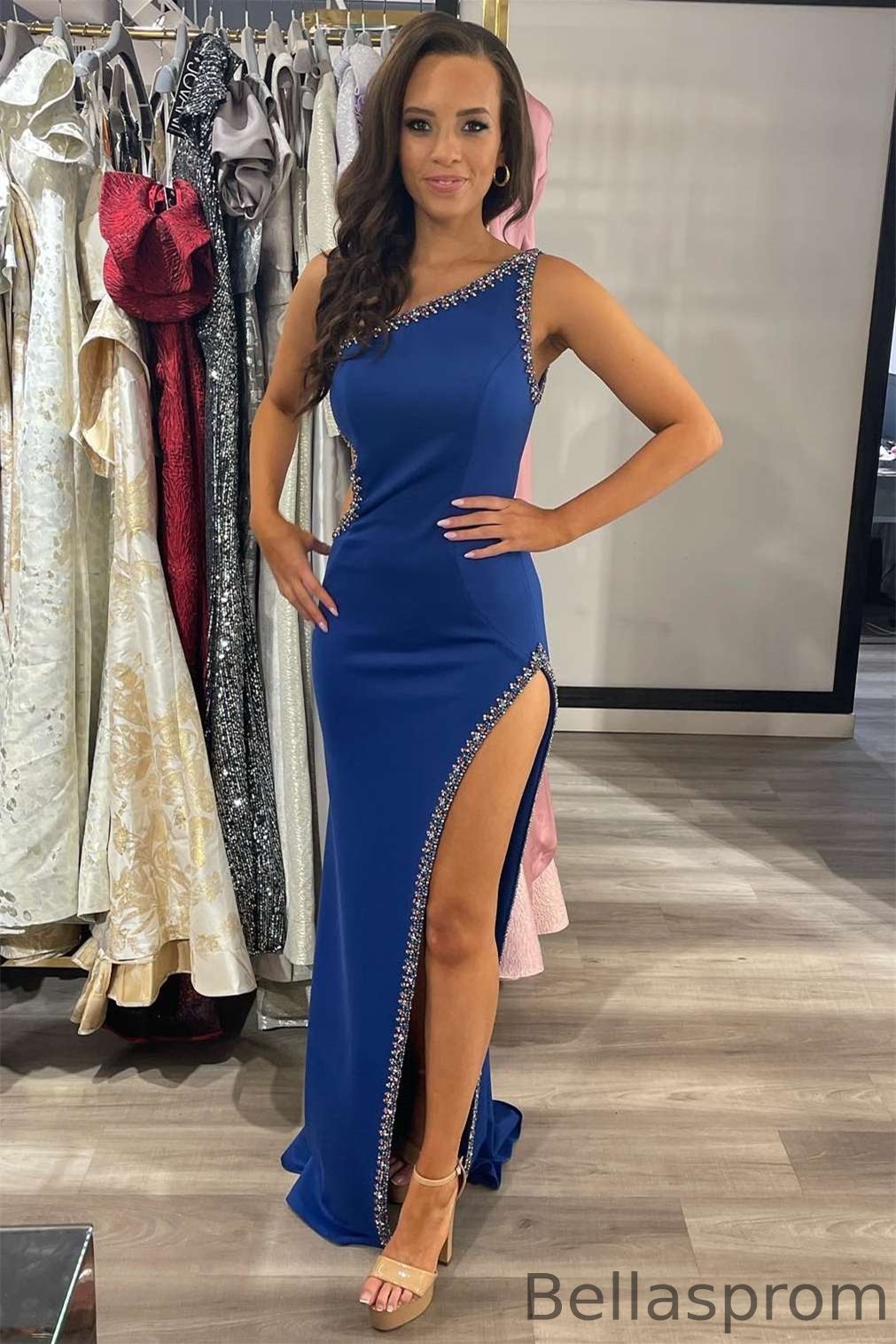 Bellasprom Royal Blue One Shoulder Mermaid Prom Dress Beads With High Split Bellasprom