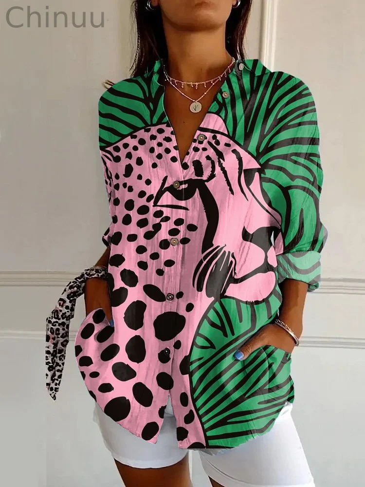 Striped Leopard Print Casual Long Sleeve Shirt