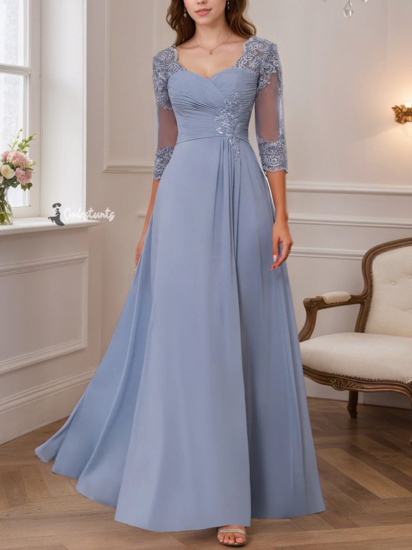 A-Line/Princess Sweetheart Neck 3/4 Length Sleeves Floor-Length Mother Of The Bride Dresses With Lace, Ruffles & Appliques