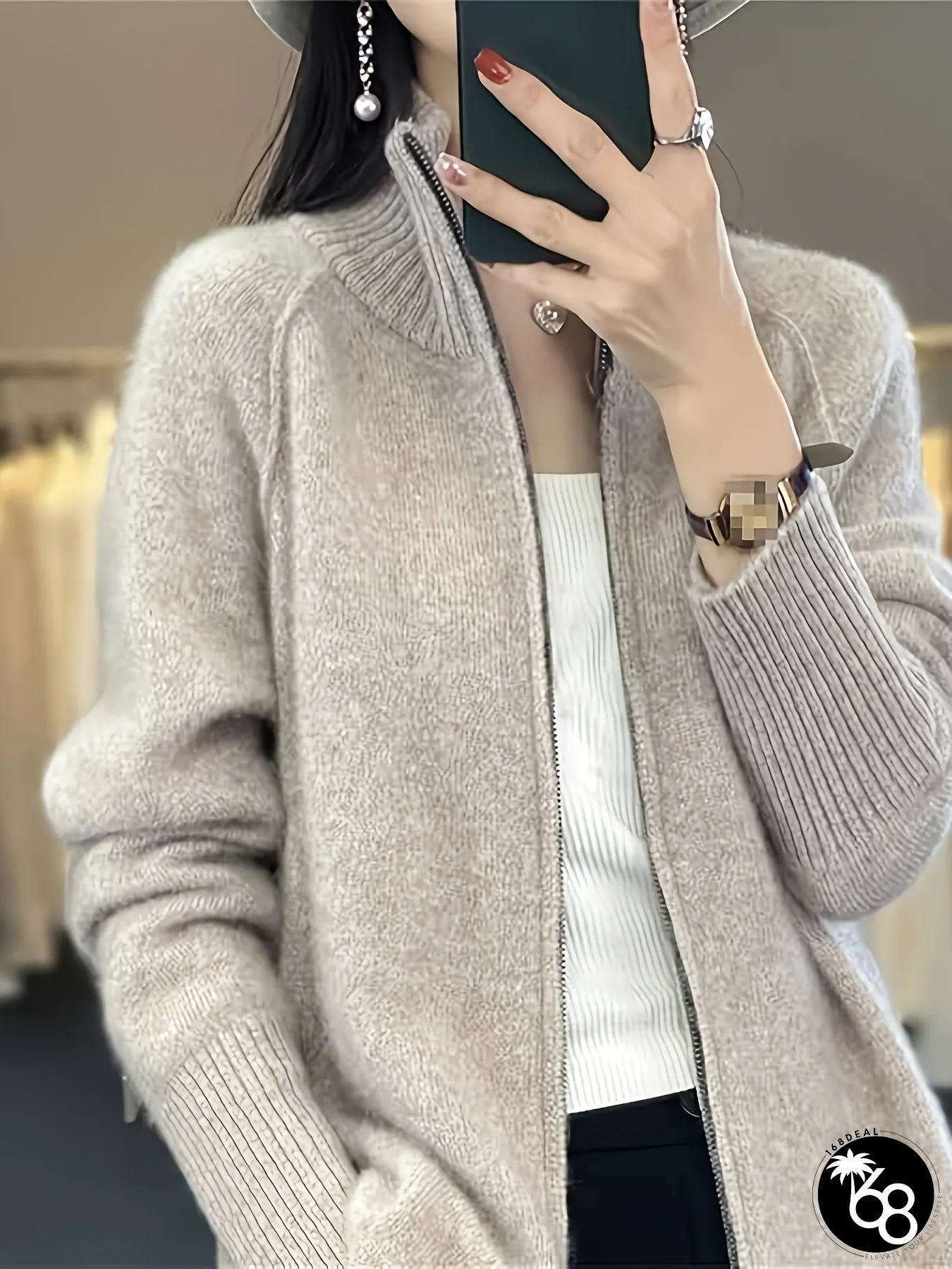 Womens Elegant High-Neck Zipper Cardigan Sweater Beige Winter Warm Long Sleeve H-Line | 168DEAL