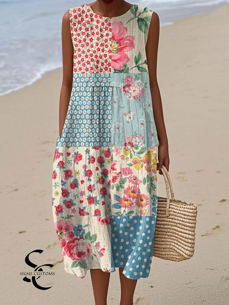 Women's Vintage Floral Pattern Art Print Sleeveless Cotton Pocket Wrap Dress