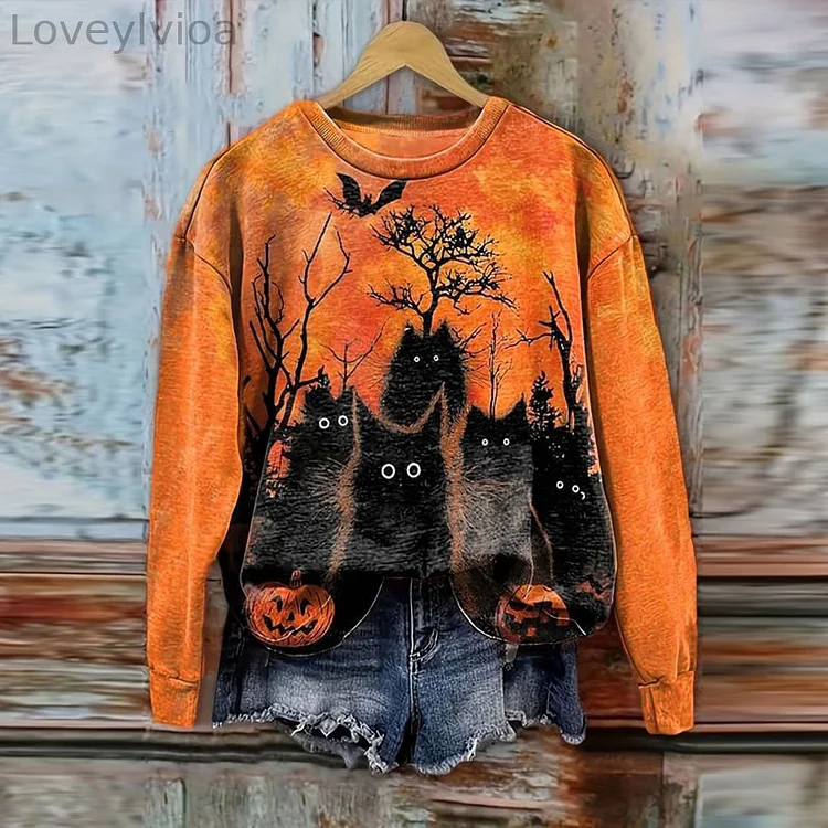 Halloween Black Cat Print Casual Sweatshirt