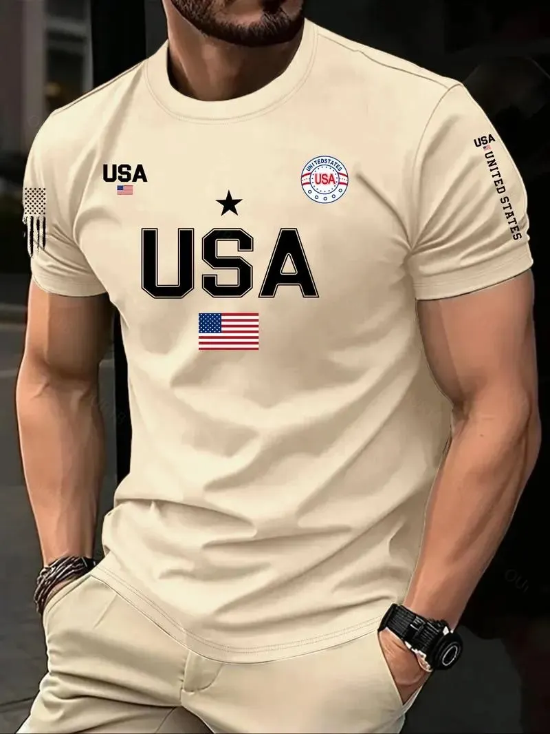 Men's USA Flag Print Round Neck Tee, Regular Fit Casual Short Sleeve Crew Neck T-Shirt for Summer, Fashion Men's Top for Daily Wear Men's USA Flag Print Round Neck Tee, Regular Fit Casual Short Sleeve Crew Neck T-Shirt for Summer, Fashion Men's Top for Daily Wear