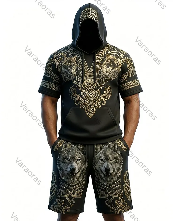 Men's Viking Contrast Color Wolf Embroidered Short-Sleeve Hoodie & Shorts Two-Piece Set 5624