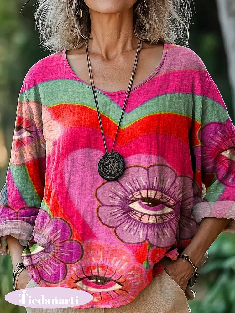 Women's Vintage Psychedelic Eyes Rainbow Bohemian Floral Art Print Casual Cotton And Linen Shirt