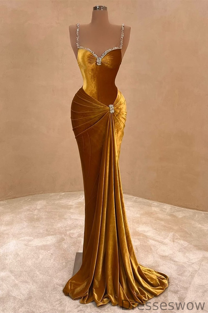 Dresseswow Gold Velvet Sweetheart Spaghetti-Straps Mermaid Prom Gown With Beadings Ruffles