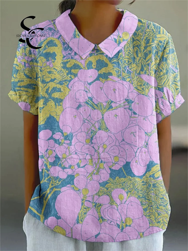 Women's Beautiful Flower Painting Art Print Casual Cotton And Linen Shirt