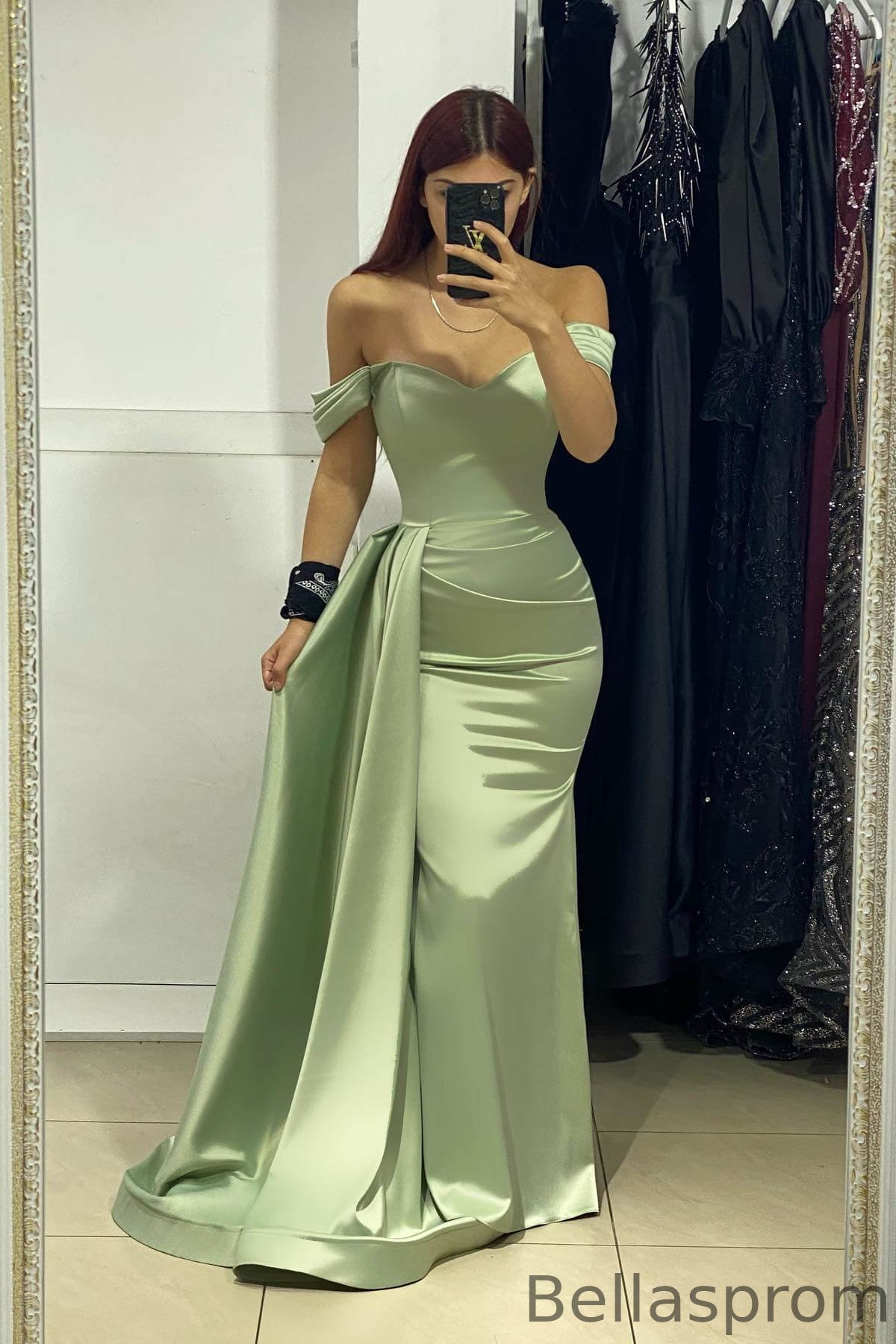 Bellasprom Dusty Sage Off-The-Shoulder Sweetheart Mermaid Prom Dress With Ruffles Bellasprom