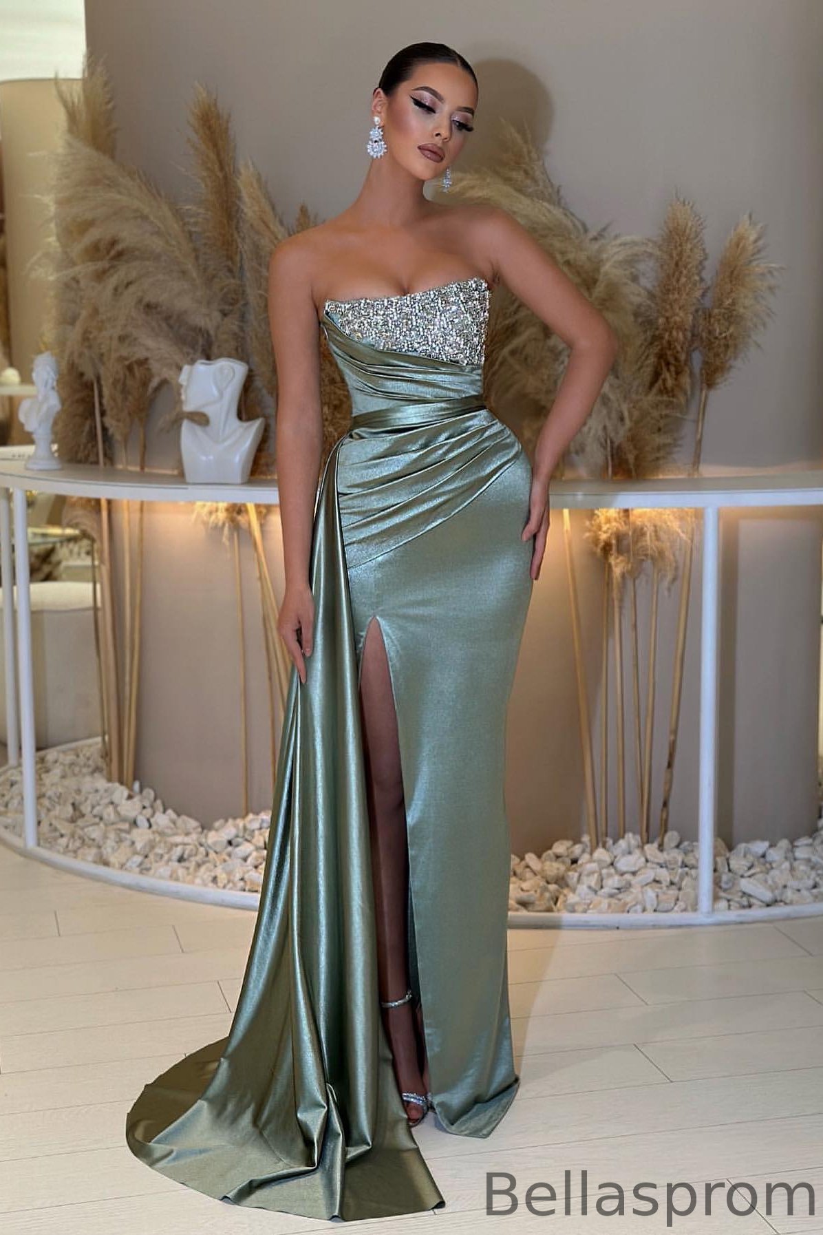 Bellasprom Dusty Sage Strapless Prom Dress Mermaid Slit Long With Beads Bellasprom