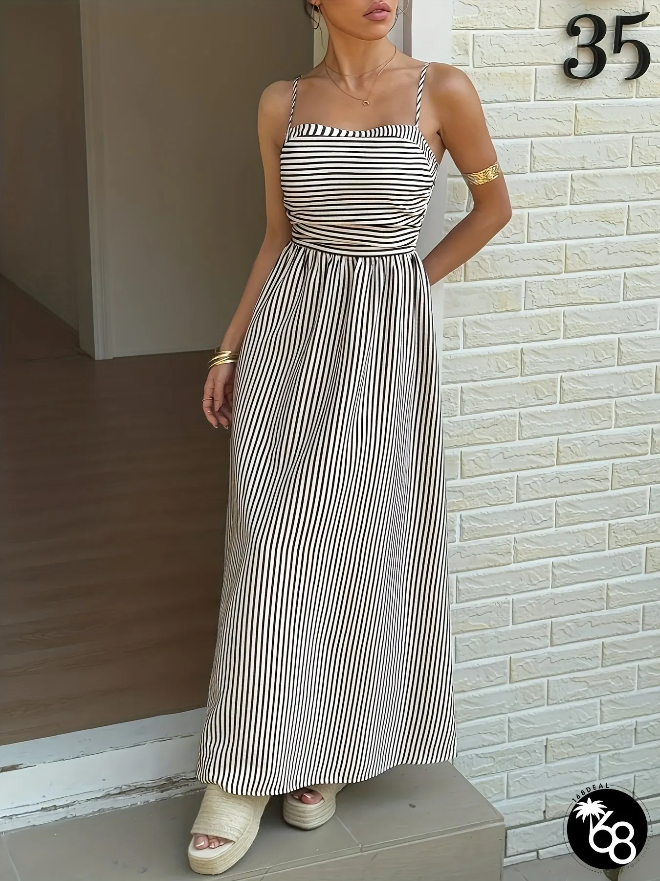 Womens Black And White Striped Maxi Dress-Sleeveless-Off-Shoulder-Casual-Summer | 168DEAL