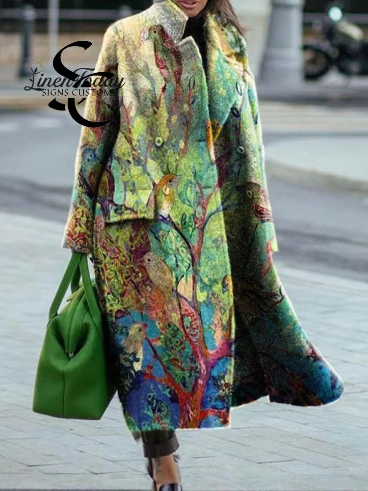 Women's Stylish Casual Long Sleeve Lapel Floral Art Printed Woolen Long Coat