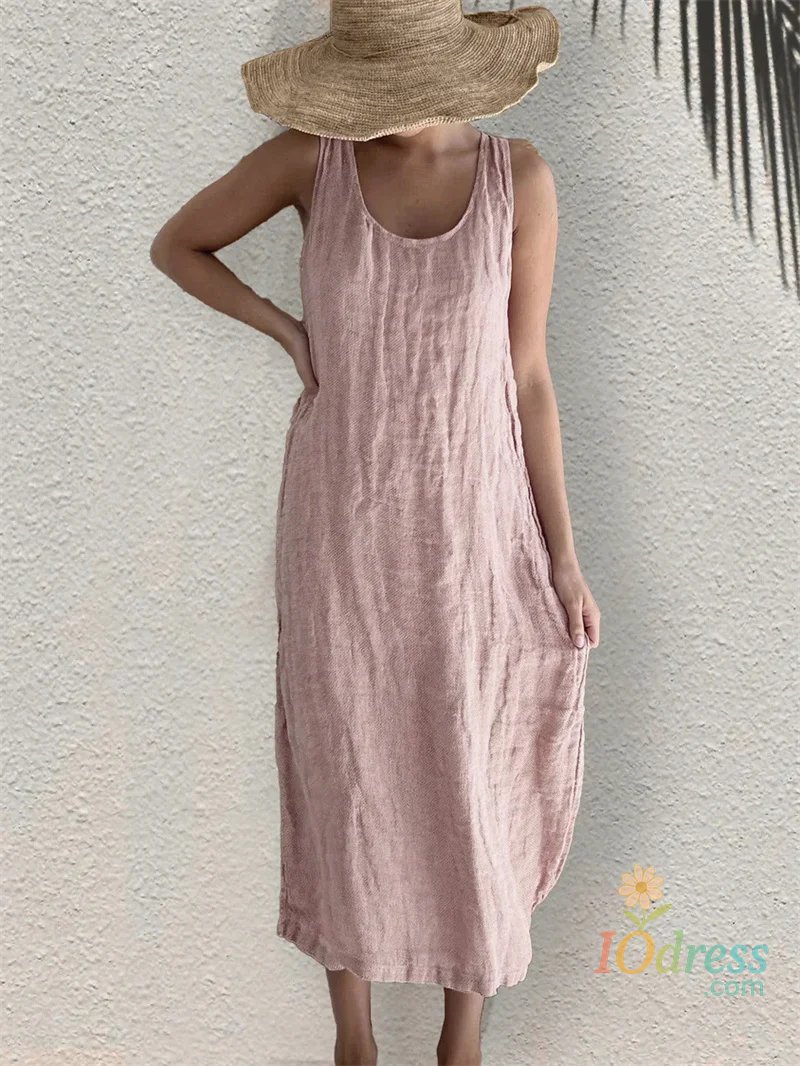 IO Dress Women Comfortable Casual Cotton Linen Dresses 2024 Summer Solid Color Side Pockets Dress Female O Neck Pullover Sleeveless Gown IO Dress