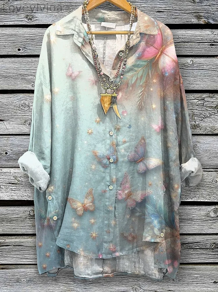 Women's Pretty Butterfly Print Casual Cotton And Linen Shirt